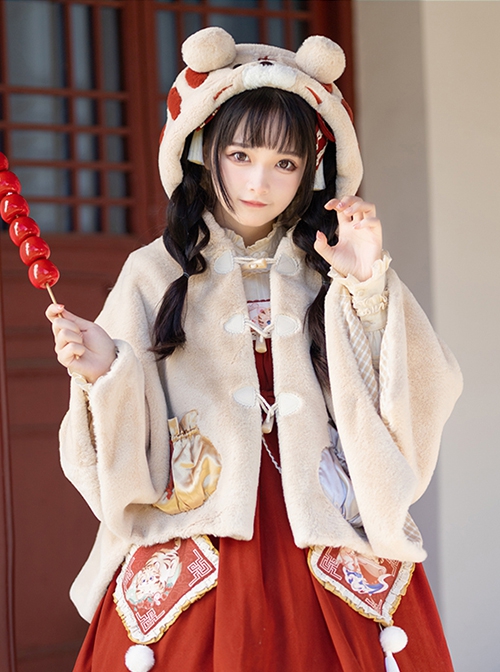 Little Tiger Series Chinese Style Embroidery Little Tiger Horn Buckle Autumn Winter Plush Classic Lolita Cloak