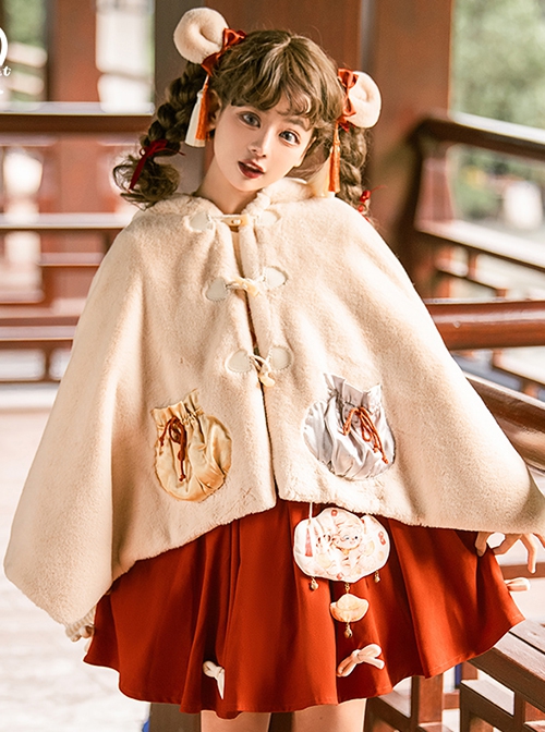 Little Tiger Series Chinese Style Embroidery Little Tiger Horn Buckle Autumn Winter Plush Classic Lolita Cloak