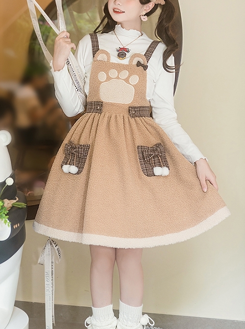 Stupid Bear Series Cute Age-Reducing Thickened Warm Bear Doll Adjustable Strap Autumn Winter Sweet Lolita Sleeveless Dress