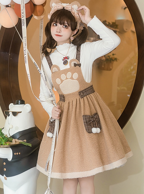 Stupid Bear Series Cute Age-Reducing Thickened Warm Bear Doll Adjustable Strap Autumn Winter Sweet Lolita Sleeveless Dress