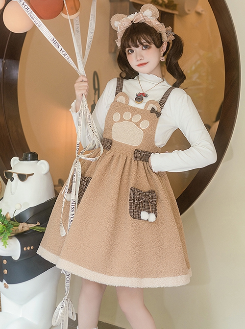 Stupid Bear Series Cute Age-Reducing Thickened Warm Bear Doll Adjustable Strap Autumn Winter Sweet Lolita Sleeveless Dress