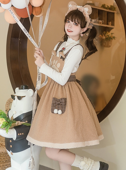 Stupid Bear Series Cute Age-Reducing Thickened Warm Bear Doll Adjustable Strap Autumn Winter Sweet Lolita Sleeveless Dress