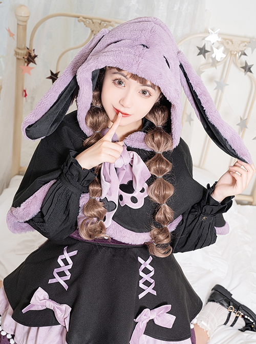 Devil Rabbit Series Black Purple Autumn Winter Plush Lop Eared Rabbit Petal Design Classic Lolita Hooded Cloak