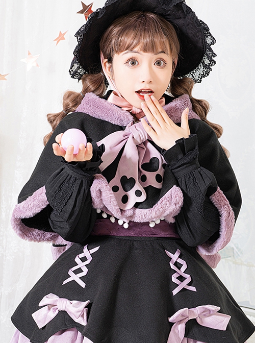 Devil Rabbit Series Black Purple Autumn Winter Plush Lop Eared Rabbit Petal Design Classic Lolita Hooded Cloak