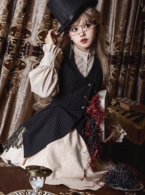 Flower Brand Deacon Series Magician Stripe False Two-Piece Irregular Hem Autumn Winter Classic Lolita Long Sleeve Dress