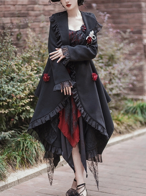 Solid Color Autumn Winter Thickened Irregular Hem Detachable Flower Gothic Lolita Long Sleeve Coat
