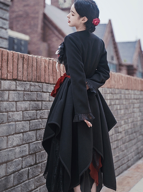 Solid Color Autumn Winter Thickened Irregular Hem Detachable Flower Gothic Lolita Long Sleeve Coat