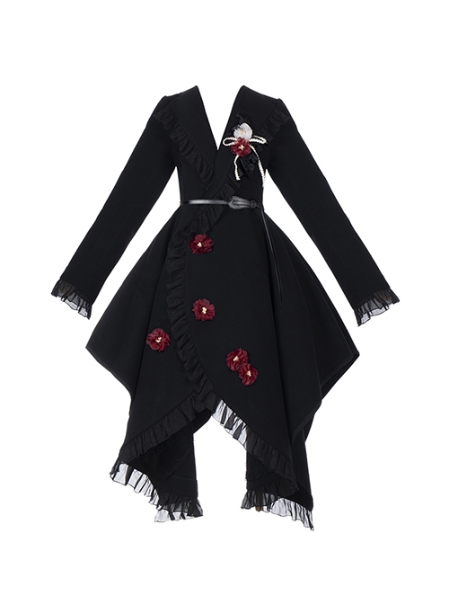 Solid Color Autumn Winter Thickened Irregular Hem Detachable Flower Gothic Lolita Long Sleeve Coat