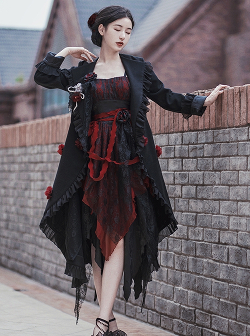 Solid Color Autumn Winter Thickened Irregular Hem Detachable Flower Gothic Lolita Long Sleeve Coat