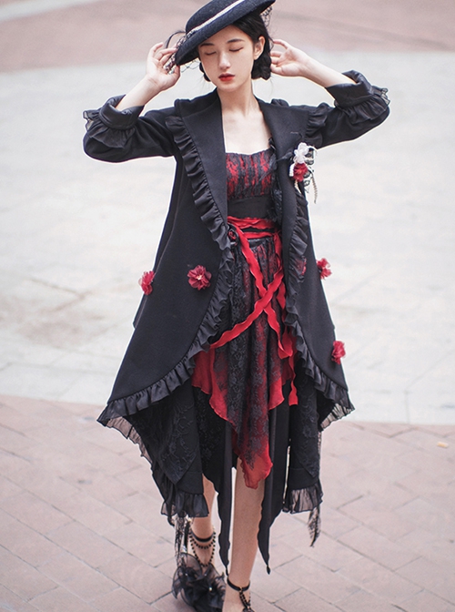 Solid Color Autumn Winter Thickened Irregular Hem Detachable Flower Gothic Lolita Long Sleeve Coat