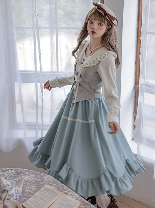 Vintage Elegant Lace V Neck False Three Pieces Petal Hem Design Classic Lolita Long Sleeve Dress