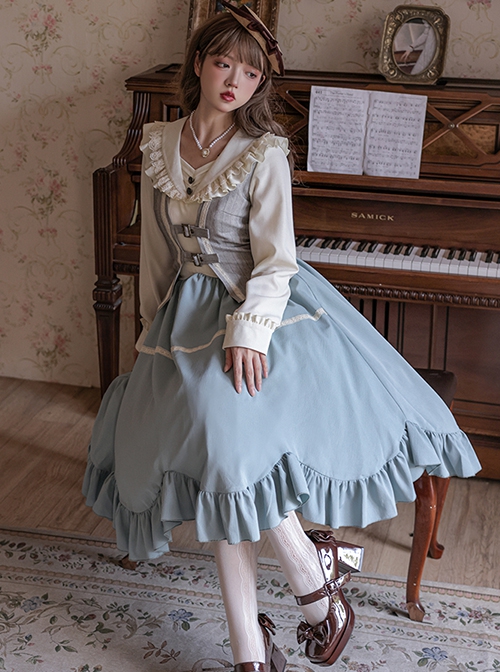 Vintage Elegant Lace V Neck False Three Pieces Petal Hem Design Classic Lolita Long Sleeve Dress