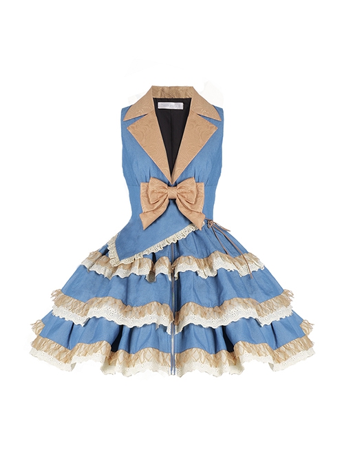 Western Rhapsody Series Jacquard V-Neck Sweet Cool Asymmetrical Fake Two-Piece Design Punk Lolita Sleeveless Dress