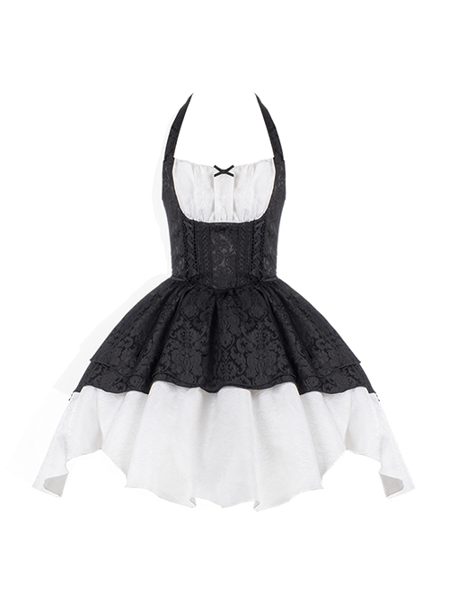 Swan Dirge Series Elegant Jacquard Lace-Up Halterneck Petal Hem Design Gothic Lolita Sleeveless Dress