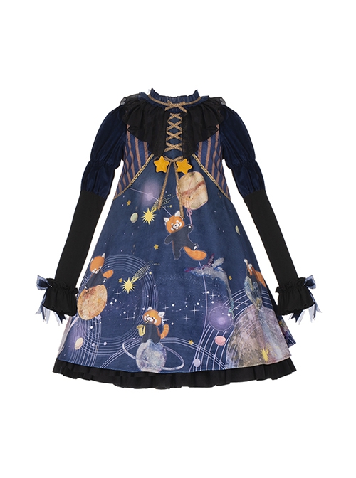 Interstellar Little Bear Collection Red Panda Print Stripe Lace-Up Little Star Bow-Knot Decoration Classic Lolita Long-Sleeved Dress