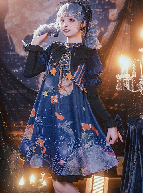 Interstellar Little Bear Series Red Panda Print Stripe Lace-Up Little Star Bowknot Decoration Classic Lolita Long-Sleeved Dress
