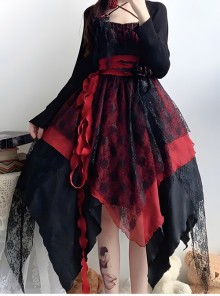 Elegant Jacquard Irregular Splicing Hem Adjustable Straps Flower Ribbon Decorate Gothic Sleeveless Dress