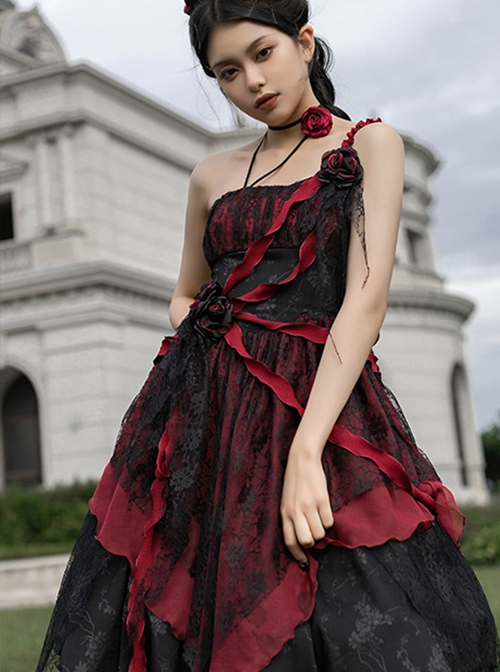 Elegant Jacquard Irregular Splicing Hem Adjustable Straps Flower Ribbon Decorate Gothic Sleeveless Dress