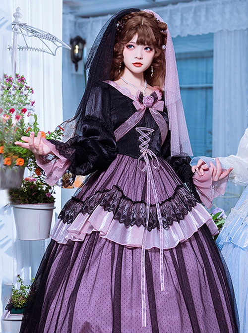 Elegant Two-Color Autumn Flower Bow-Knot Decorate Lace Lantern Sleeve Petal Hem Classic Lolita Long Sleeve Dress