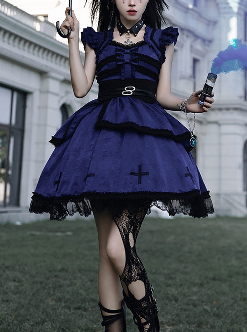 Cycle Series Klein Blue Velvet Halloween Cross Lace Gothic Lolita Short Sleeve Dress