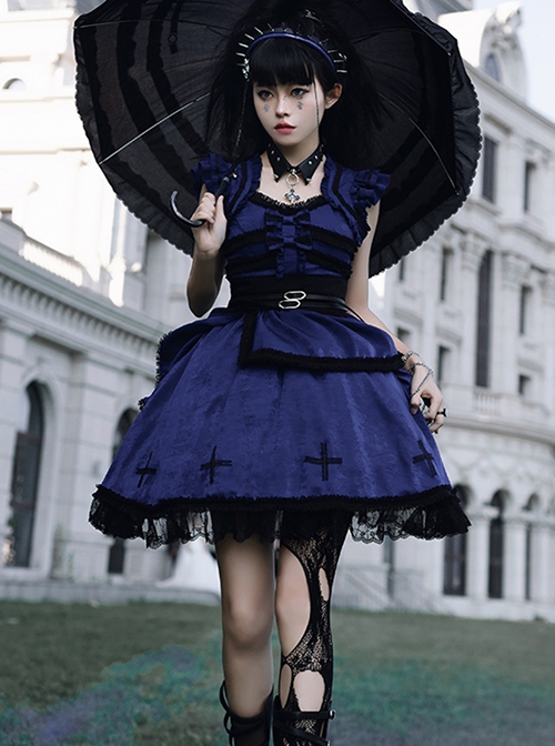 Cycle Series Klein Blue Velvet Halloween Cross Lace Gothic Lolita Short Sleeve Dress