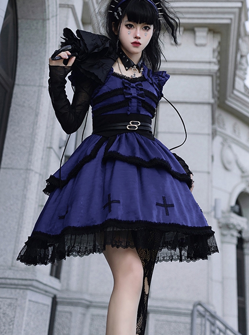 Cycle Series Klein Blue Velvet Halloween Cross Lace Gothic Lolita Short Sleeve Dress