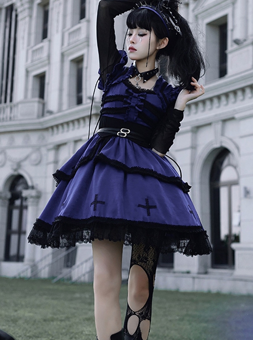 Cycle Series Klein Blue Velvet Halloween Cross Lace Gothic Lolita Short Sleeve Dress