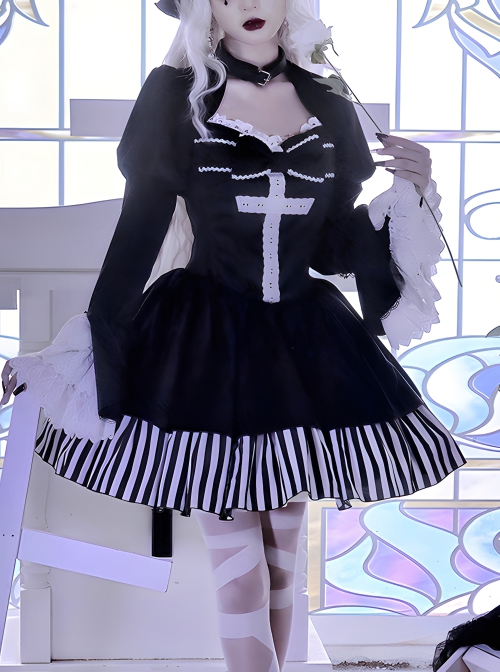 Requiem Series Classical Velvet Lace Cross Halloween Stripe Hem Gothic Lolita Long Sleeve Dress