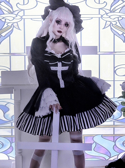 Requiem Series Classical Velvet Lace Cross Halloween Stripe Hem Gothic Lolita Long Sleeve Dress