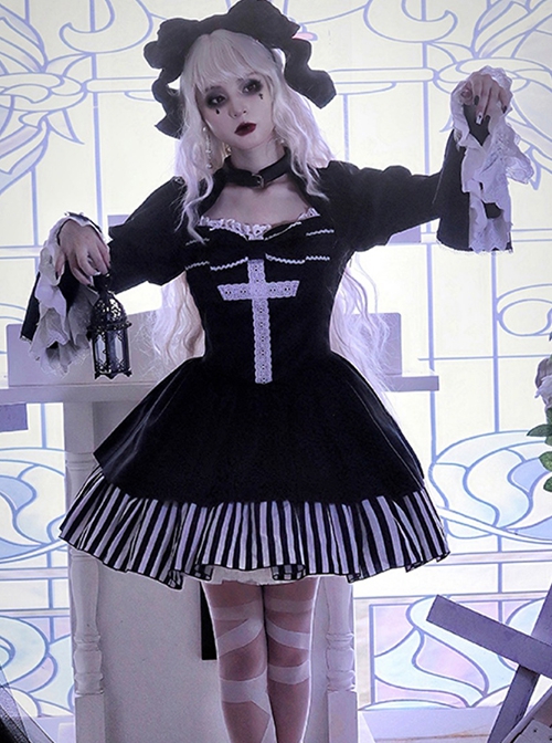 Requiem Series Classical Velvet Lace Cross Halloween Stripe Hem Gothic Lolita Long Sleeve Dress