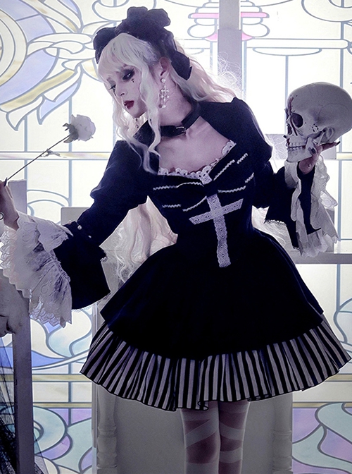 Requiem Series Classical Velvet Lace Cross Halloween Stripe Hem Gothic Lolita Long Sleeve Dress