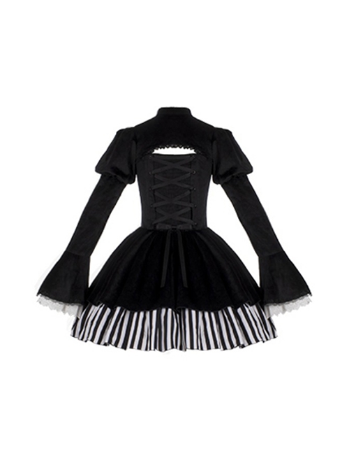 Requiem Series Classical Velvet Lace Cross Halloween Stripe Hem Gothic Lolita Long Sleeve Dress