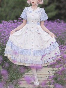 Tulip Bouquet Series Pastoral Style Doll Collar Lace Floral Plaid Lantern Sleeve Classic Lolita Short-Sleeved Dress