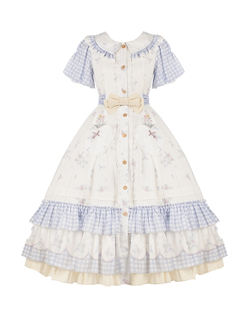 Tulip Bouquet Series Pastoral Style Doll Collar Lace Floral Plaid Lantern Sleeve Classic Lolita Short-Sleeved Dress