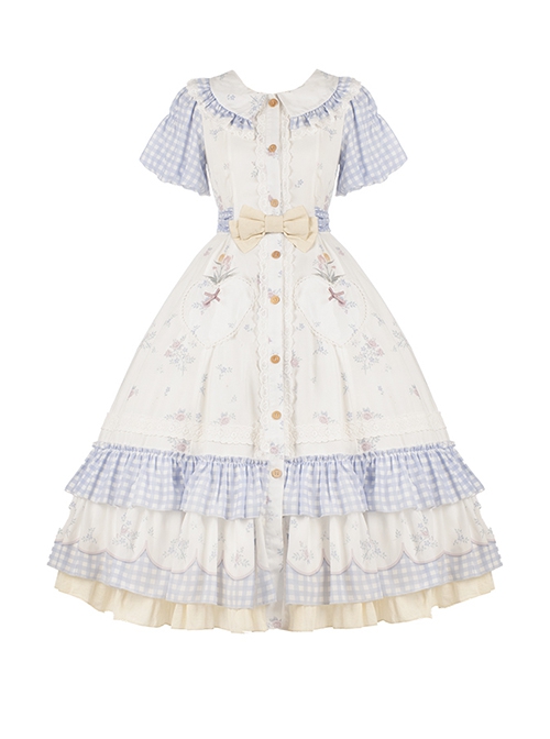 Tulip Bouquet Series Pastoral Style Doll Collar Lace Floral Plaid Lantern Sleeve Classic Lolita Short-Sleeved Dress