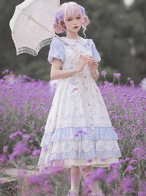 Tulip Bouquet Series Pastoral Style Doll Collar Lace Floral Plaid Lantern Sleeve Classic Lolita Short-Sleeved Dress