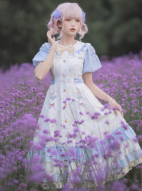 Tulip Bouquet Series Pastoral Style Doll Collar Lace Floral Plaid Lantern Sleeve Classic Lolita Short-Sleeved Dress