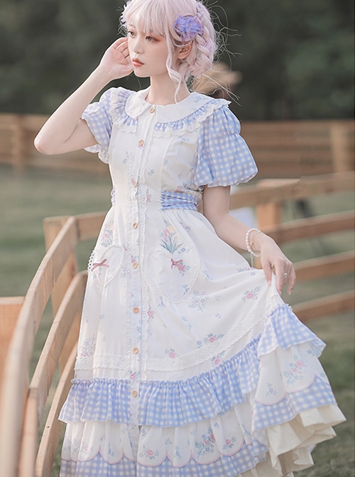 Tulip Bouquet Series Pastoral Style Doll Collar Lace Floral Plaid Lantern Sleeve Classic Lolita Short-Sleeved Dress
