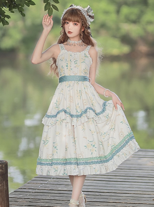 Konggu Changfeng Series Pastoral Style Floral Print Belt Embroidery Classic Lolita Sleeveless Dress