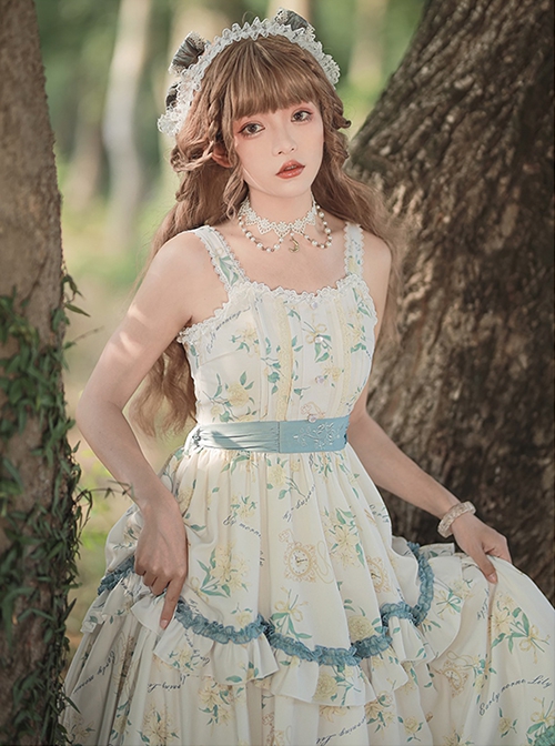 Konggu Changfeng Series Pastoral Style Floral Print Belt Embroidery Classic Lolita Sleeveless Dress