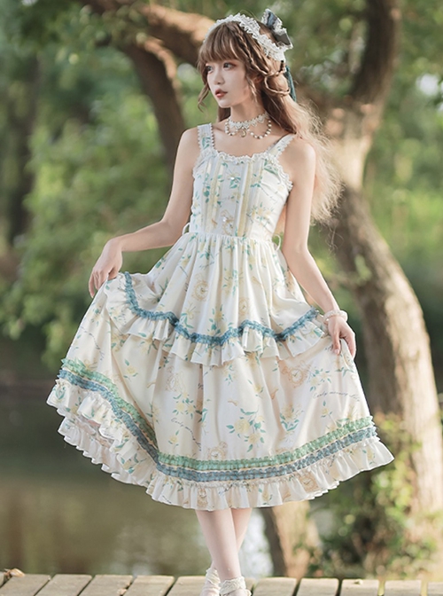 Konggu Changfeng Series Pastoral Style Floral Print Belt Embroidery Classic Lolita Sleeveless Dress