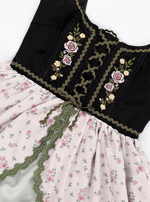 Pastoral Style Elegant Girl Autumn Winter Black Embroidered Velvet Vest Floral Print Hem Classic Lolita Sleeveless Dress