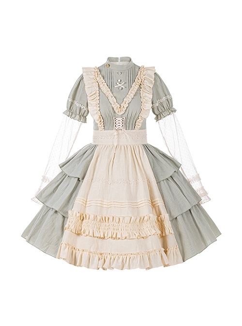 Pastoral Style Stand Collar Puff Sleeve Stitching Wave Dot Mesh Fake Two-Piece Design Classic Lolita Long-Sleeved Dress