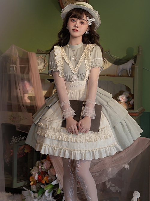 Pastoral Style Stand Collar Puff Sleeve Stitching Wave Dot Mesh Fake Two-Piece Design Classic Lolita Long-Sleeved Dress