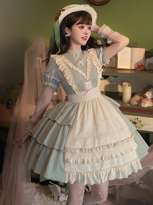 Pastoral Style Stand Collar Puff Sleeve Stitching Wave Dot Mesh Fake Two-Piece Design Classic Lolita Long-Sleeved Dress