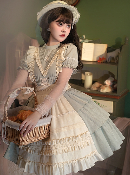 Pastoral Style Stand Collar Puff Sleeve Stitching Wave Dot Mesh Fake Two-Piece Design Classic Lolita Long-Sleeved Dress