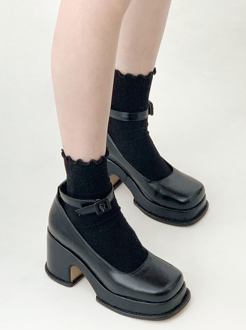 Black French Sweet Cool Square Toe Chunky Heel Mary Jane JK Student Daily Uniform Shoes Classic Lolita Shoes