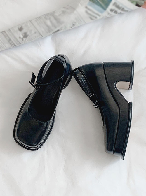 Black French Sweet Cool Square Toe Chunky Heel Mary Jane JK Student Daily Uniform Shoes Classic Lolita Shoes