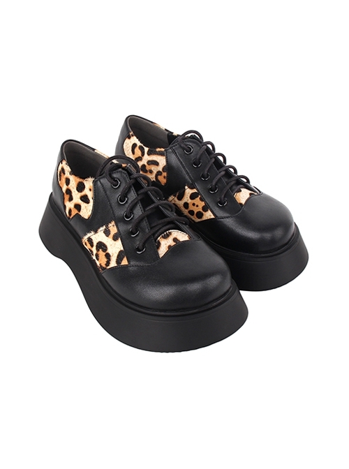 Black Autumn Winter Leopard Print Denim Stitching Round Toe Lace-Up Platform Shoes Classic Lolita Shoes