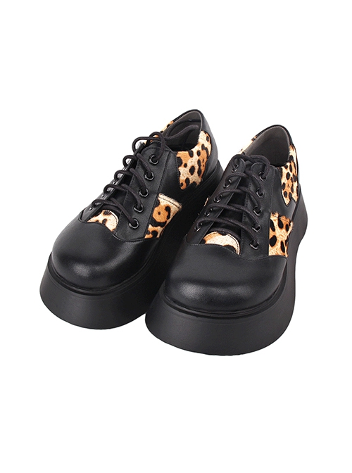 Black Autumn Winter Leopard Print Denim Stitching Round Toe Lace-Up Platform Shoes Classic Lolita Shoes